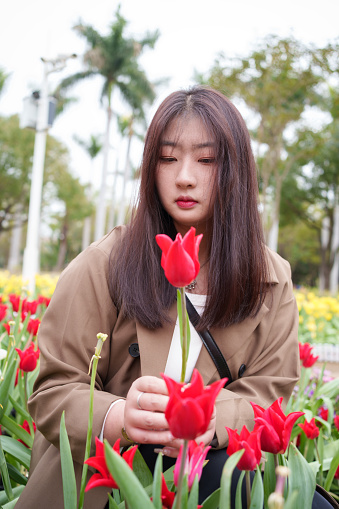 Asian girl admiring tulips