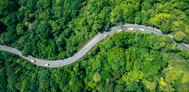 aerial view green forest and asphalt road, top view forest road going through forest with car adventure, ecosystem ecology healthy environment road trip travel. - thailand forest outdoors winding road fotografías e imágenes de stock