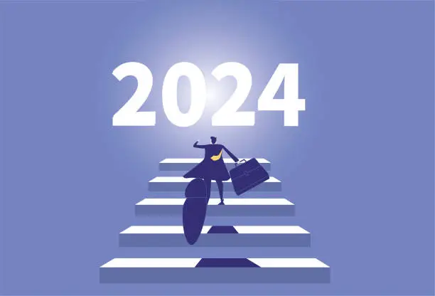 Vector illustration of Businessmen climb the stage and run towards 2024