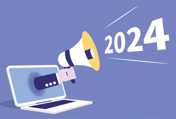 Vector illustration of Computers, speakers cheering for 2024