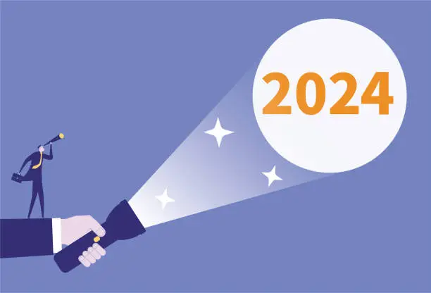 Vector illustration of Business men use telescope to look at 2024, flashlight and 2024