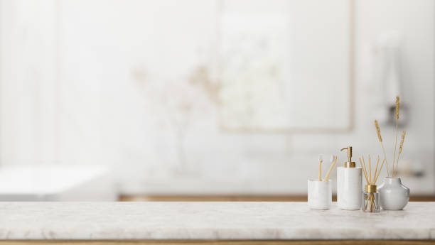 istock A presentation space on a luxury white marble table features toiletries in an elegant bathroom. 2044467085