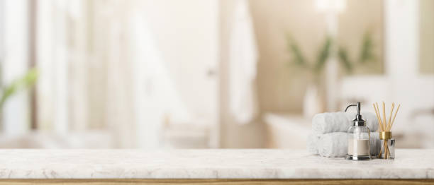 istock A presentation space on a table features toiletries in a modern spacious bathroom. 2044467596