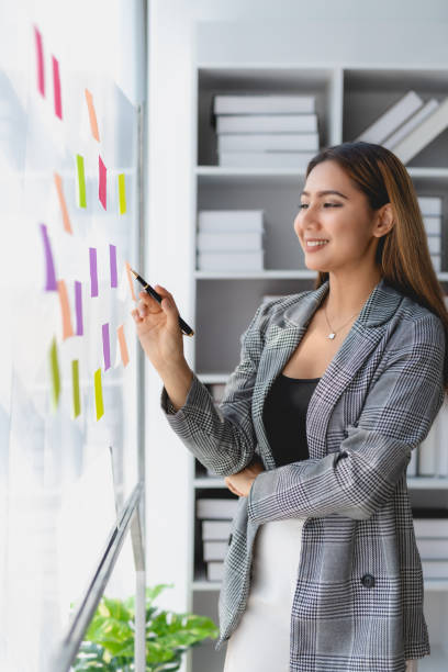 istock Asian business woman writing something on sticky notes while working on a business plan at office. 2044482062