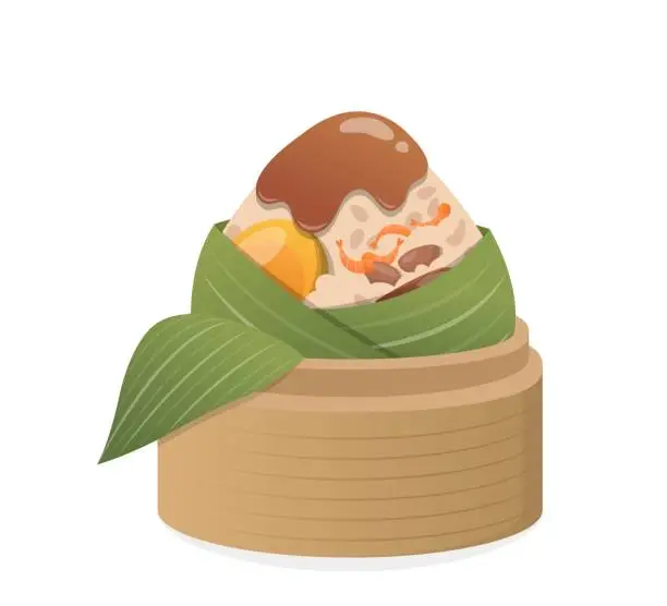 Vector illustration of Traditional Chinese food, sticky rice wrapped in bamboo leaves, pork with egg yolk and sauce, vector illustration