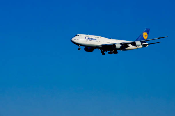 Chantilly, Virginia, USA - February 19, 2024: A Lufthansa Boeing 747-830 flight enroute from Frankfurt, Germany, on final approach to land at Washington Dulles International Airport.