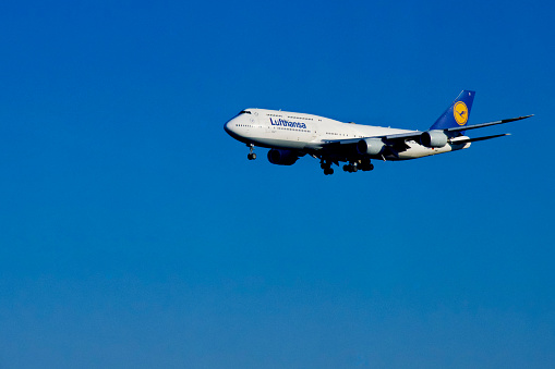 Chantilly, Virginia, USA - February 19, 2024: A Lufthansa Boeing 747-830 flight enroute from Frankfurt, Germany, on final approach to land at Washington Dulles International Airport.