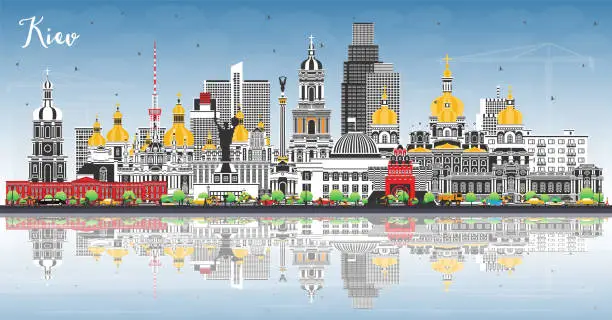 Vector illustration of Kiev Ukraine city skyline with color buildings, blue sky and reflections. Kyiv cityscape with landmarks. Business travel and tourism concept with historic architecture.