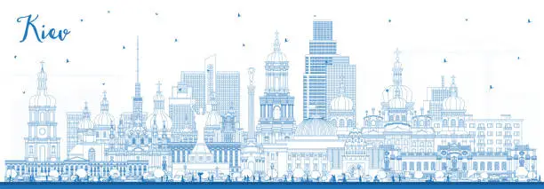 Vector illustration of Outline Kiev Ukraine city skyline with blue buildings. Kyiv cityscape with landmarks. Business travel and tourism concept with historic architecture.