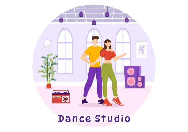 Vector illustration of Dance Studio Vector Illustration with Dancing Couples Performing Accompanied by Music in Flat Cartoon Background Design