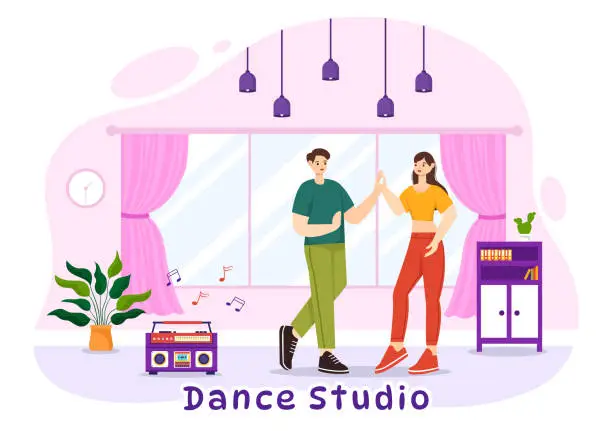 Vector illustration of Dance Studio Vector Illustration with Dancing Couples Performing Accompanied by Music in Flat Cartoon Background Design