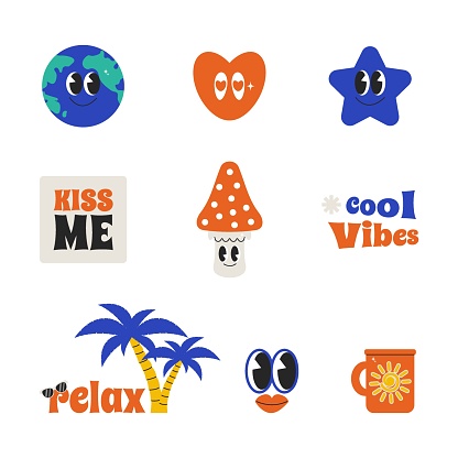 Summer character chat retro groovy mood. Bundle icons with comic quote slogan. Vector decoration drink, fruit and more