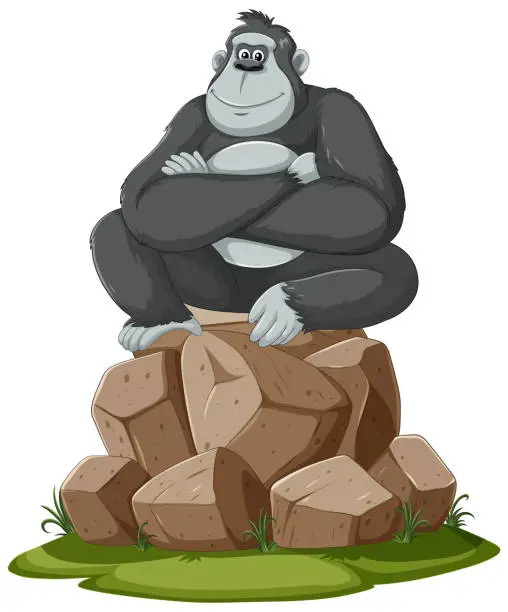 Vector illustration of A happy gorilla sits atop a pile of stones.