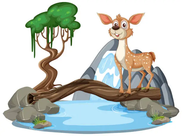 Vector illustration of A happy deer standing on a bridge over water