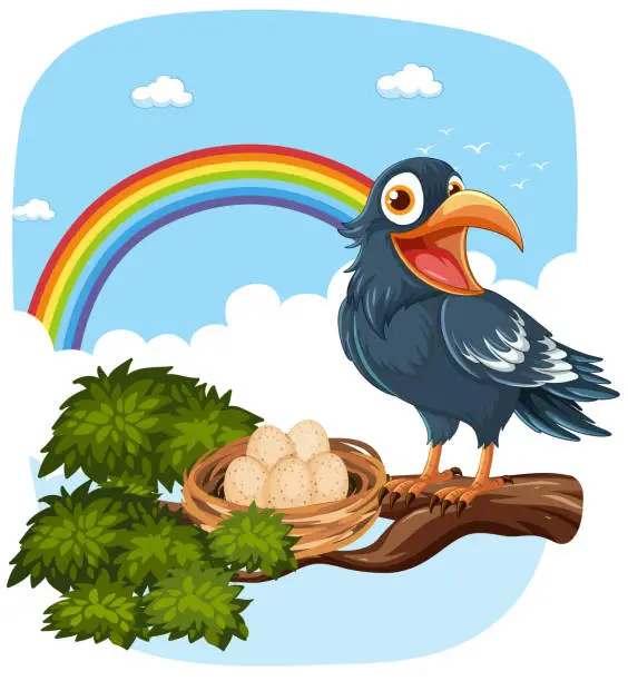 Vector illustration of Cartoon bird by nest with eggs under a rainbow