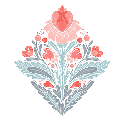 Vector gentle floral illustration for Valentines day. Decorative folk art clip art with symmetrical pink flowers, hearts and stems with foliage in pastel colors for cards and your creativity.