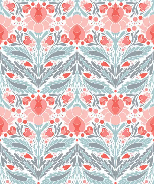 Vector illustration of Vector decorative seamless floral pattern. Festive folk art surface design with silhouette pink flowers, hearts and foliage on white background