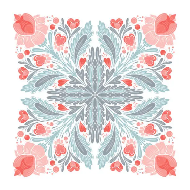 Vector illustration of Vector festive floral clipart. Decorative folk art illustration with geometric symmetrical pink flowers, hearts and stems in gentle pastel colors
