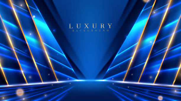 blue luxury background with golden line decoration and curve light effect with bokeh elements. modern art elegant dark scene. - blue lens flare backdrop abstract stock-grafiken, -clipart, -cartoons und -symbole