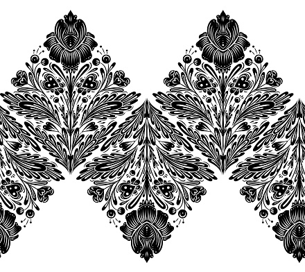 Vector monochrome festive seamless floral border. Decorative folk art frieze with lace pattern with flowers, hearts and stems with foliage. Black silhouette of horizontal flowery frame