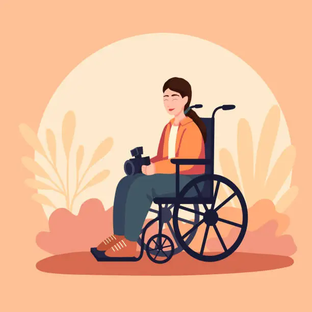 Vector illustration of Vector flat illustration of a girl in a wheelchair with a camera in her hands in warm colors. Professions for everyone. Support for people