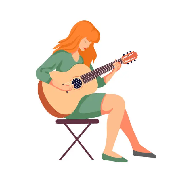 Vector illustration of Vector flat clipart of a cute woman playing the guitar isolated from background. Modern creative influencer.