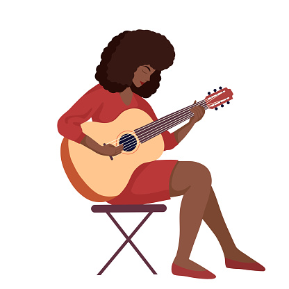 Vector flat clipart of a cute african-american woman playing the guitar isolated from background. Modern creative influencer. Hobbies and pleasant pastime. Work as a musician.