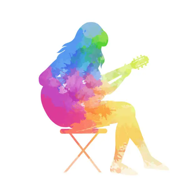 Vector illustration of Vector clipart of silhouette of woman playing the guitar with rainbow watercolor splashes isolated from background. Making music.