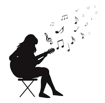 Vector black silhouette of a girl playing an acoustic guitar with musical notes on white background. Make music. Hobbies and entertainment. Work as a musician