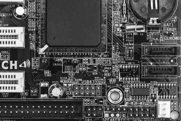 Printed computer motherboard on white background