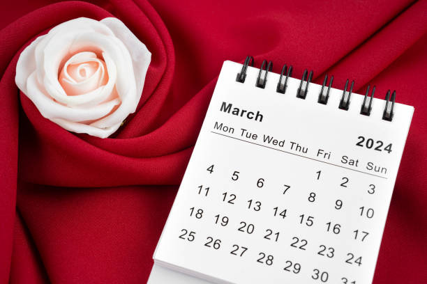 istock March 2024 desk calendar and pink rose on red textile. 2044607829