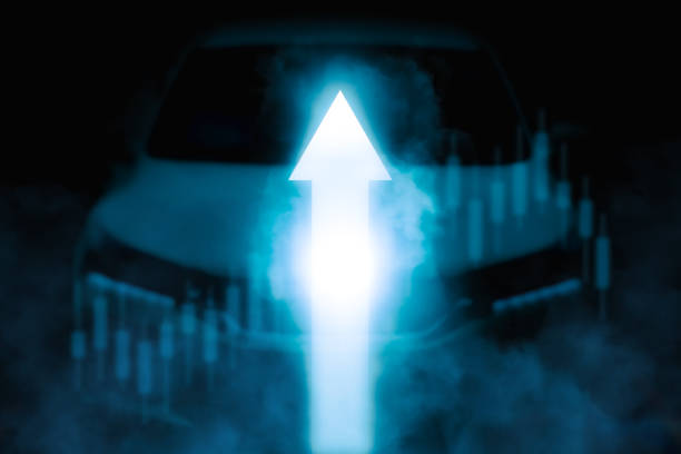 The arrow graph automotive future growth plan and up arrow chart with vehicle blurred on background, Automotive business concept