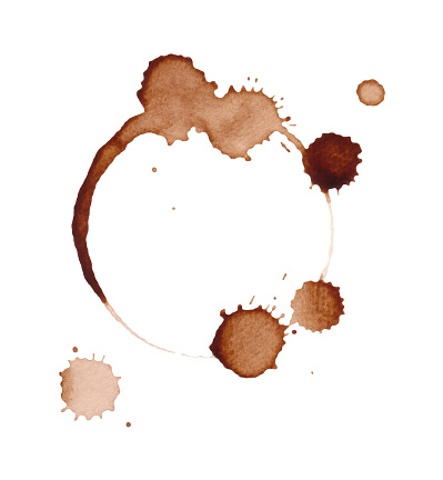 Splashed coffee cup stain, watercolor illustration, hand-drawn. A decorative element for design and decoration. Coffee drops on a white background. Spilled drink, liquid. A round spot.