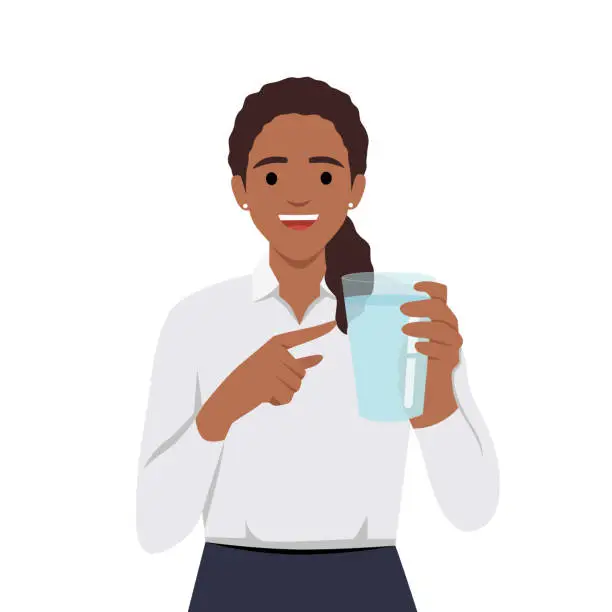 Vector illustration of Young Woman holding a glass of water to promote. Suggestions for staying hydrated