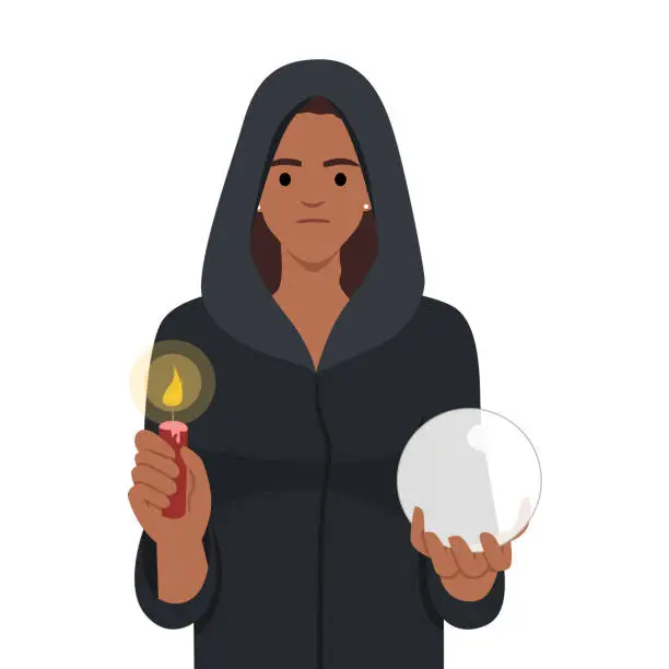 Vector illustration of Gypsy fortune teller with crystal ball and a candle. wearing a robe or cape or hoodie.