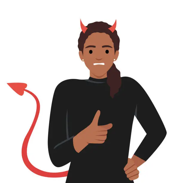 Vector illustration of Young black woman with horns and devil tail screams and points with finger, scolding and threatening opponent.