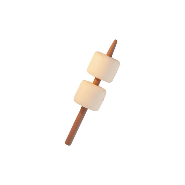 Marshmallows on wooden stick for toasting, 3D render vector sweet snacks for picnic, camping tasty dessert food isolated Marshmallows on wooden stick for toasting. 3D realistic vector illustration of sweet snacks for picnic isolated on white background. Camping tasty dessert food hiking snack stock illustrations