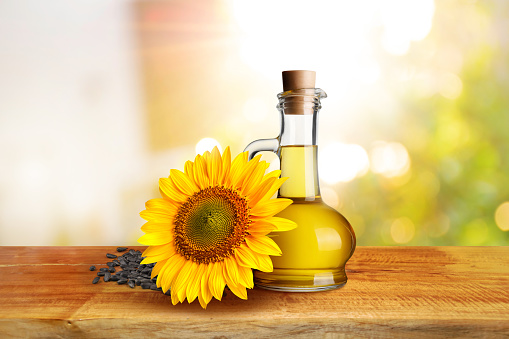 Sunflower oil is with the flowers of sunflower