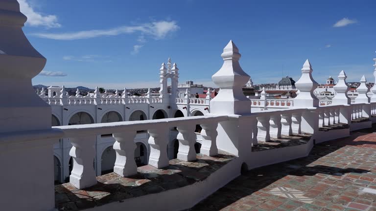 Pan across white parapet on roof of San Felipe de Neri, Sucre  Bolivia