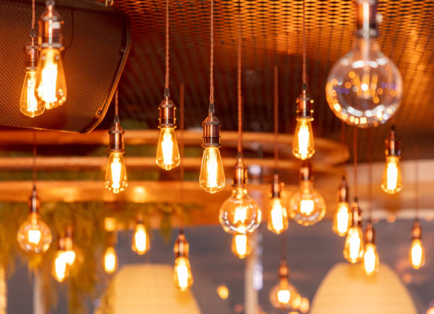 Decorative antique edison style filament light bulbs hanging from ceiling
