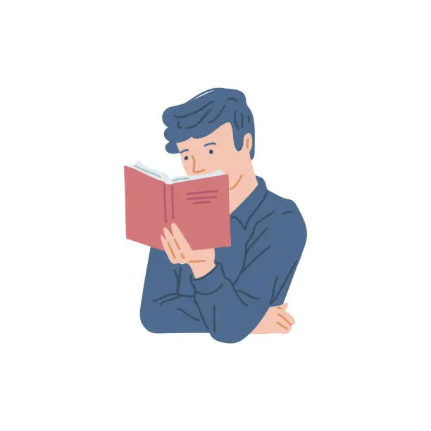 Vector illustration of Man reading book with red cover flat style, vector illustration