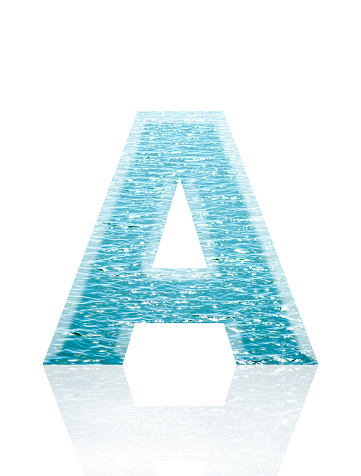 Close-up of three-dimensional shining sea water surface alphabet letter A on white background.