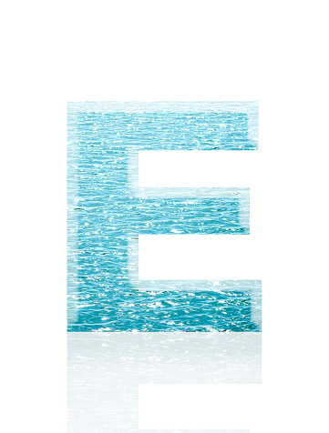 Close-up of three-dimensional shining sea water surface alphabet letter E on white background.