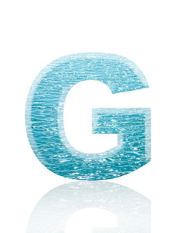 Close-up of three-dimensional shining sea water surface alphabet letter G on white background.