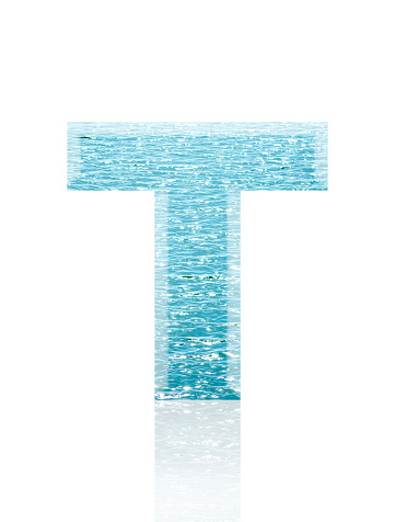 Close-up of three-dimensional shining sea water surface alphabet letter T on white background.