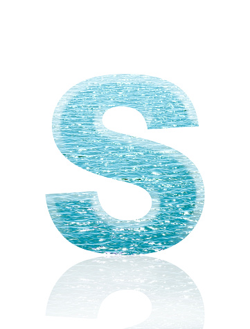 Close-up of three-dimensional shining sea water surface alphabet letter S on white background.