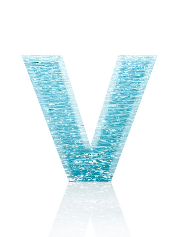 Close-up of three-dimensional shining sea water surface alphabet letter V on white background.