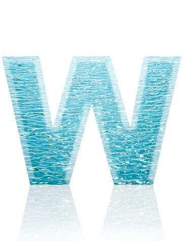 Close-up of three-dimensional shining sea water surface alphabet letter W on white background.