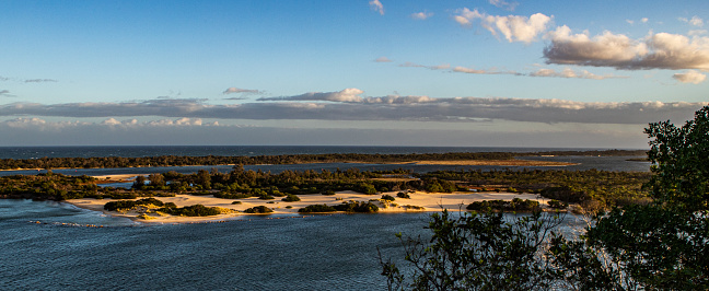 The view of the beach and islands in the Lakes Entrance in the dusk