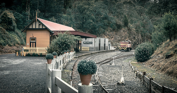 The view of the old-time train station in Walhalla village in regional Victoria in overcast weather